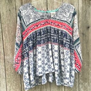 Knox Rose Vibrant Boho Blouse with Red and Blue Accents